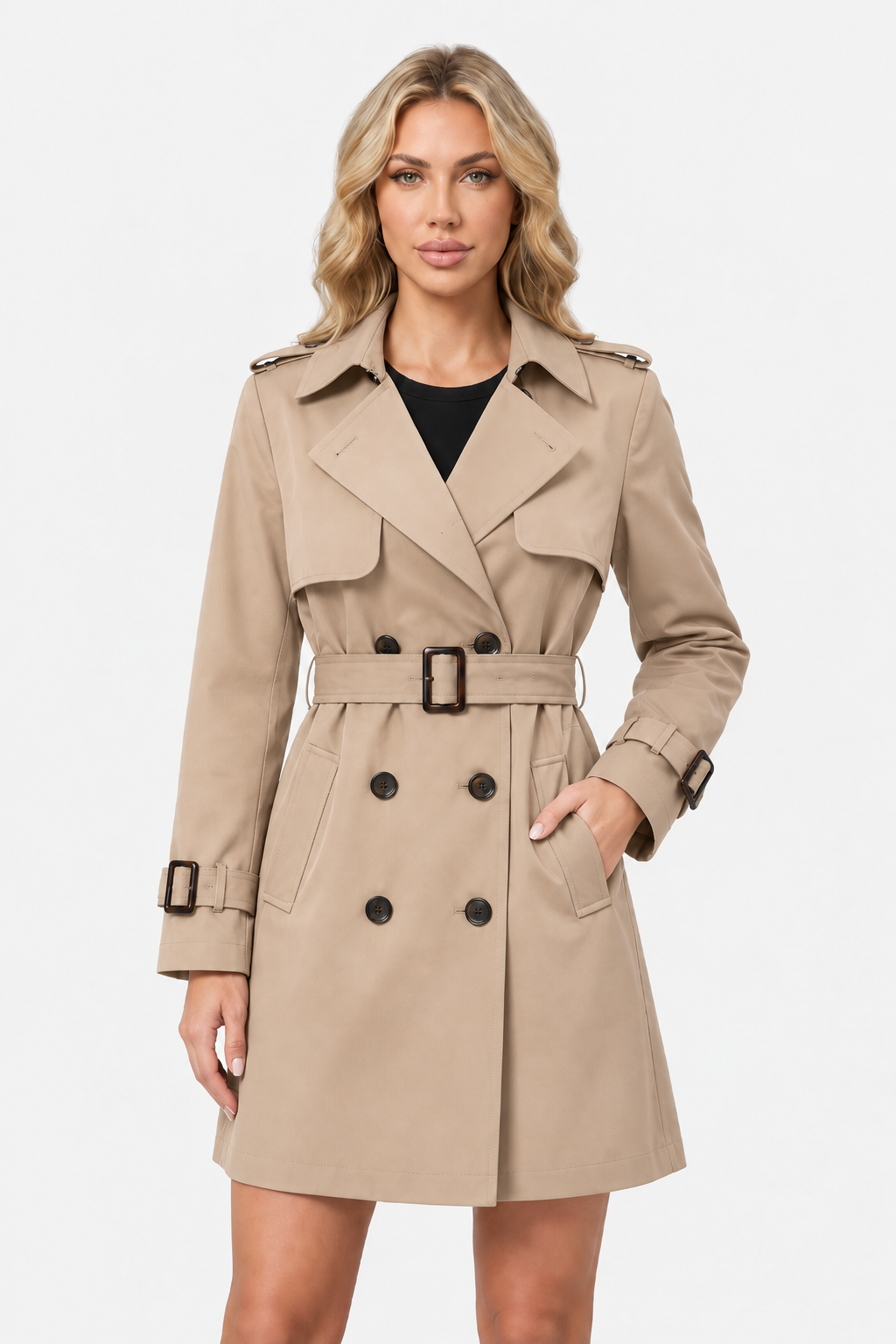 Women Double Breasted Belted Trench Coat