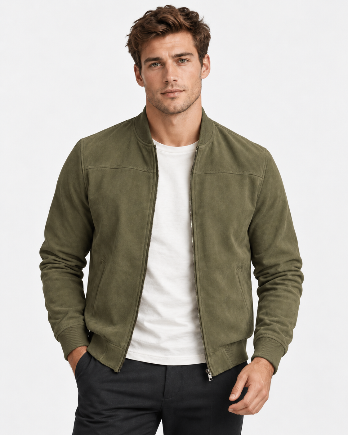Men Suede Bomber Jacket Regular Fit