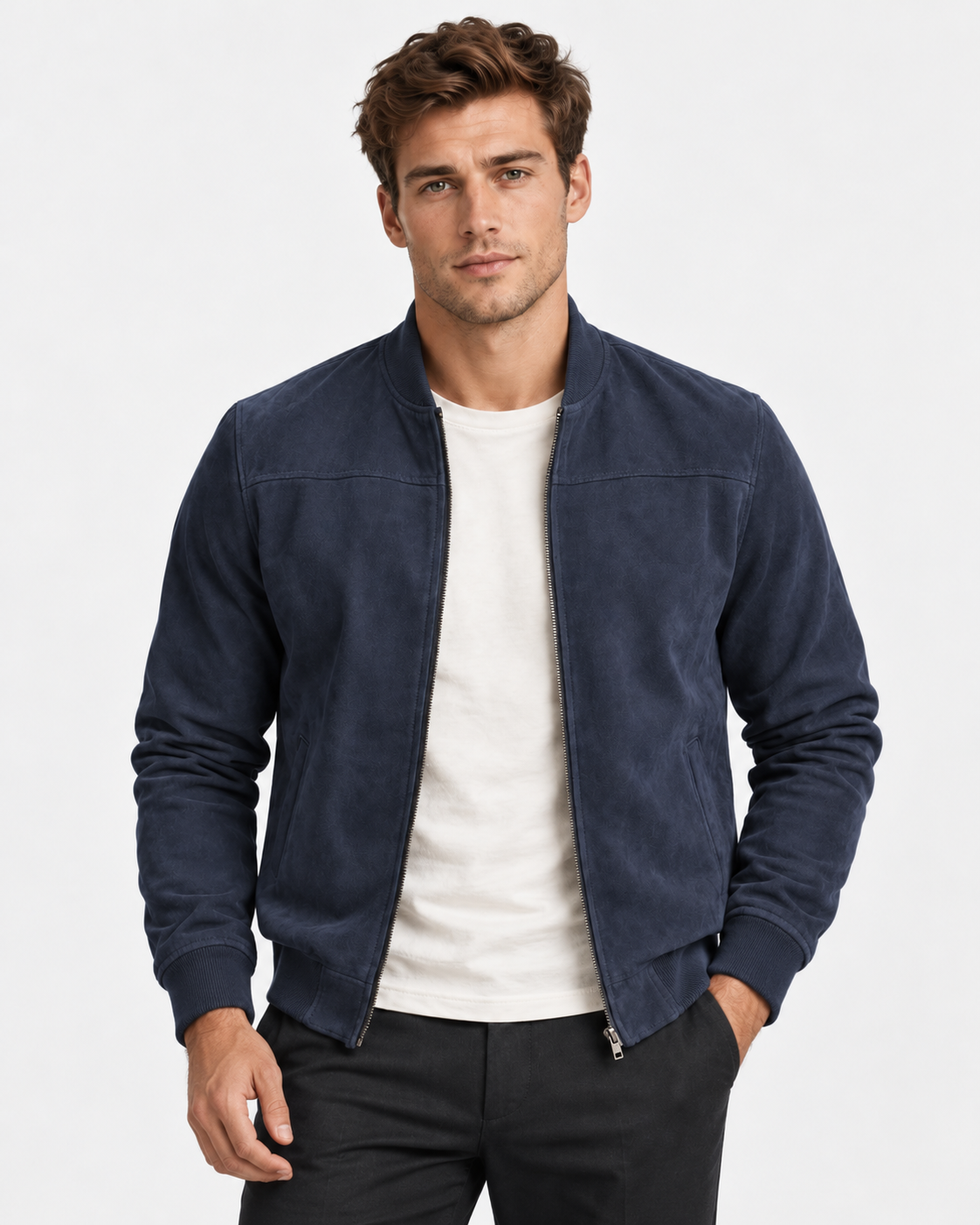 Men Suede Bomber Jacket Regular Fit