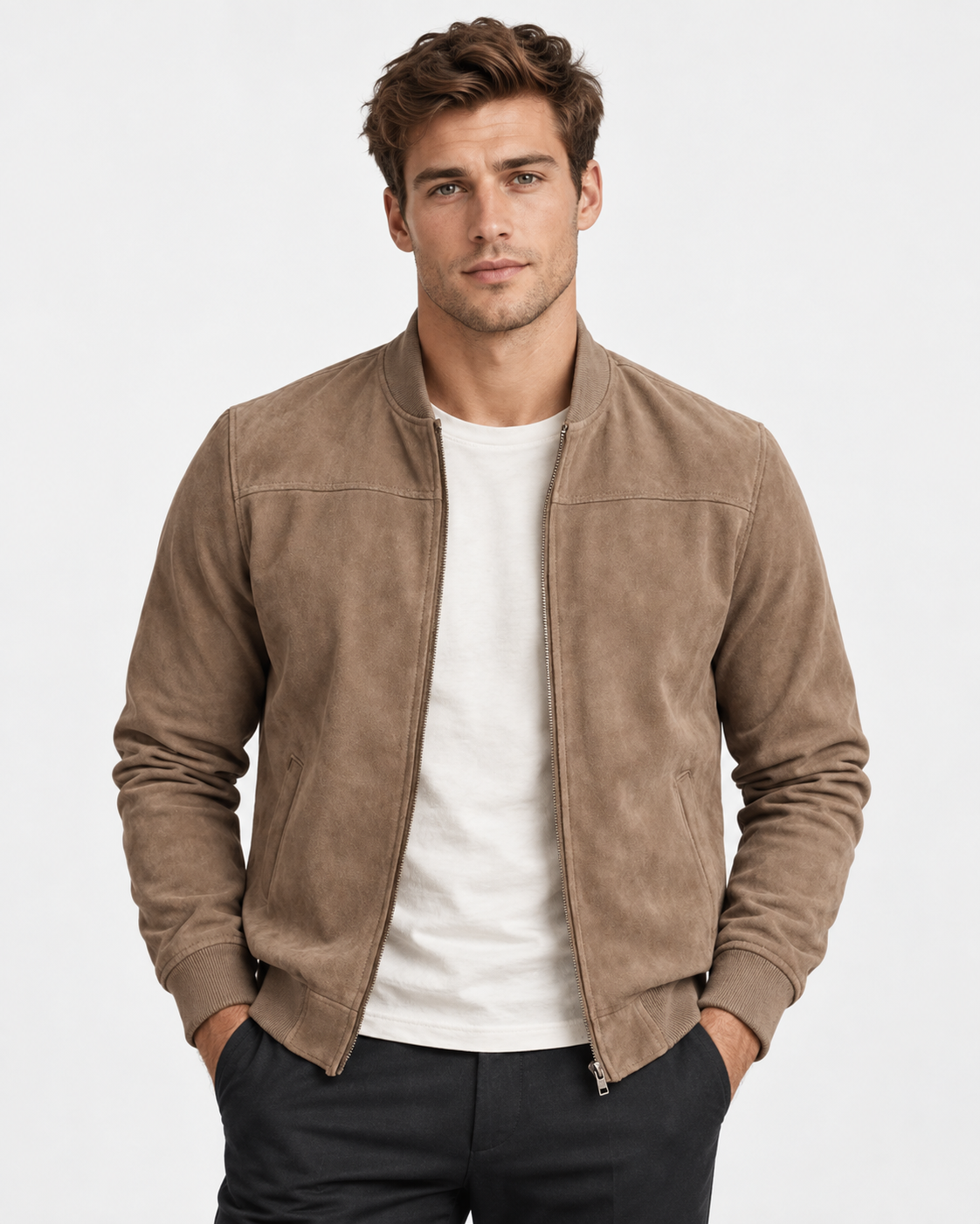 Men Suede Bomber Jacket Regular Fit