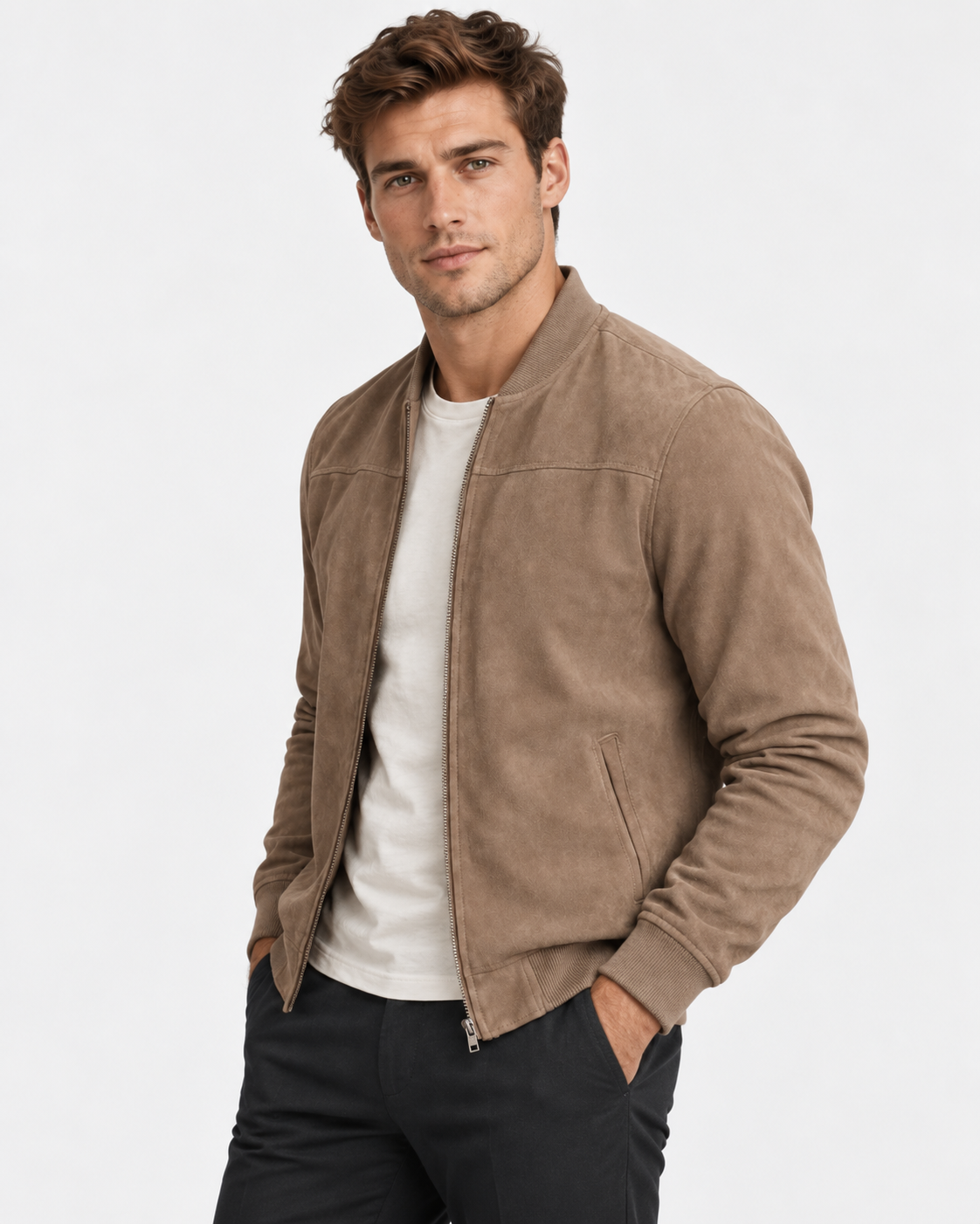 Men Suede Bomber Jacket Regular Fit