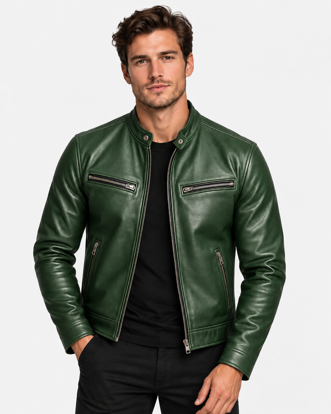 Men Leather Biker Jacket Zip Pockets