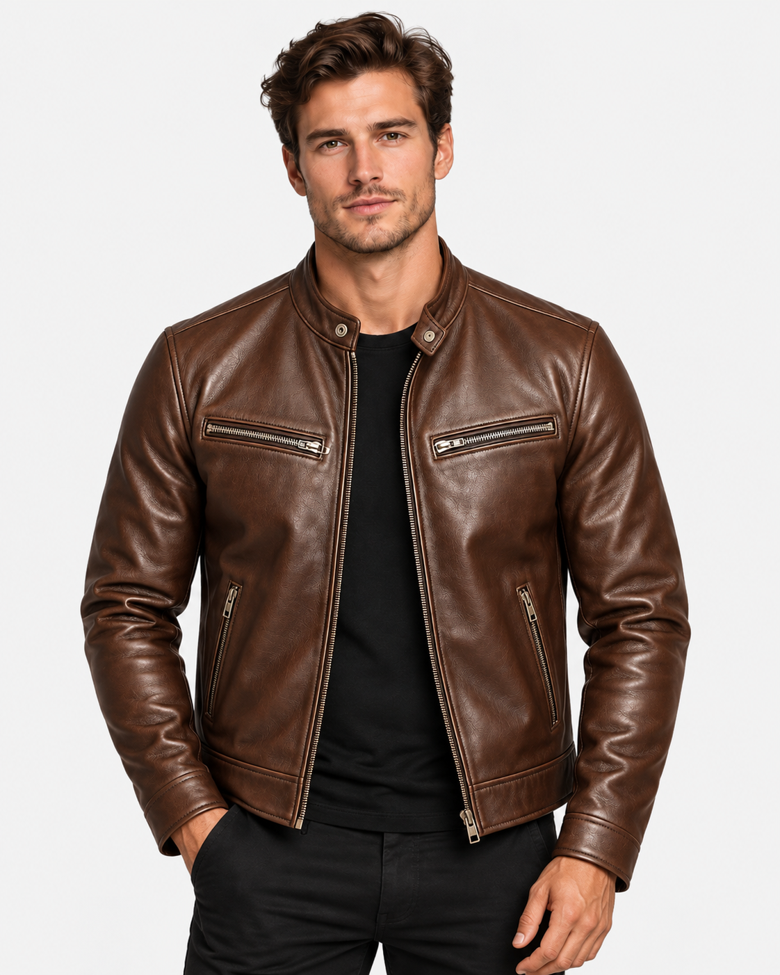 Men Leather Biker Jacket Zip Pockets