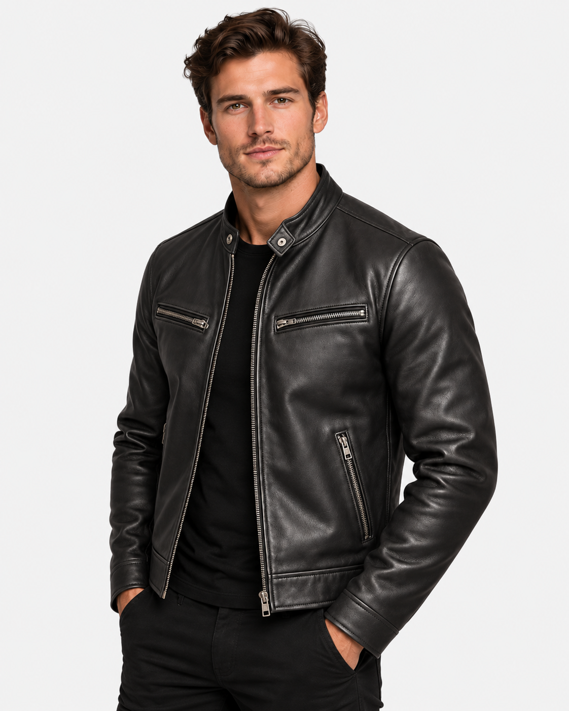 Men Leather Biker Jacket Zip Pockets