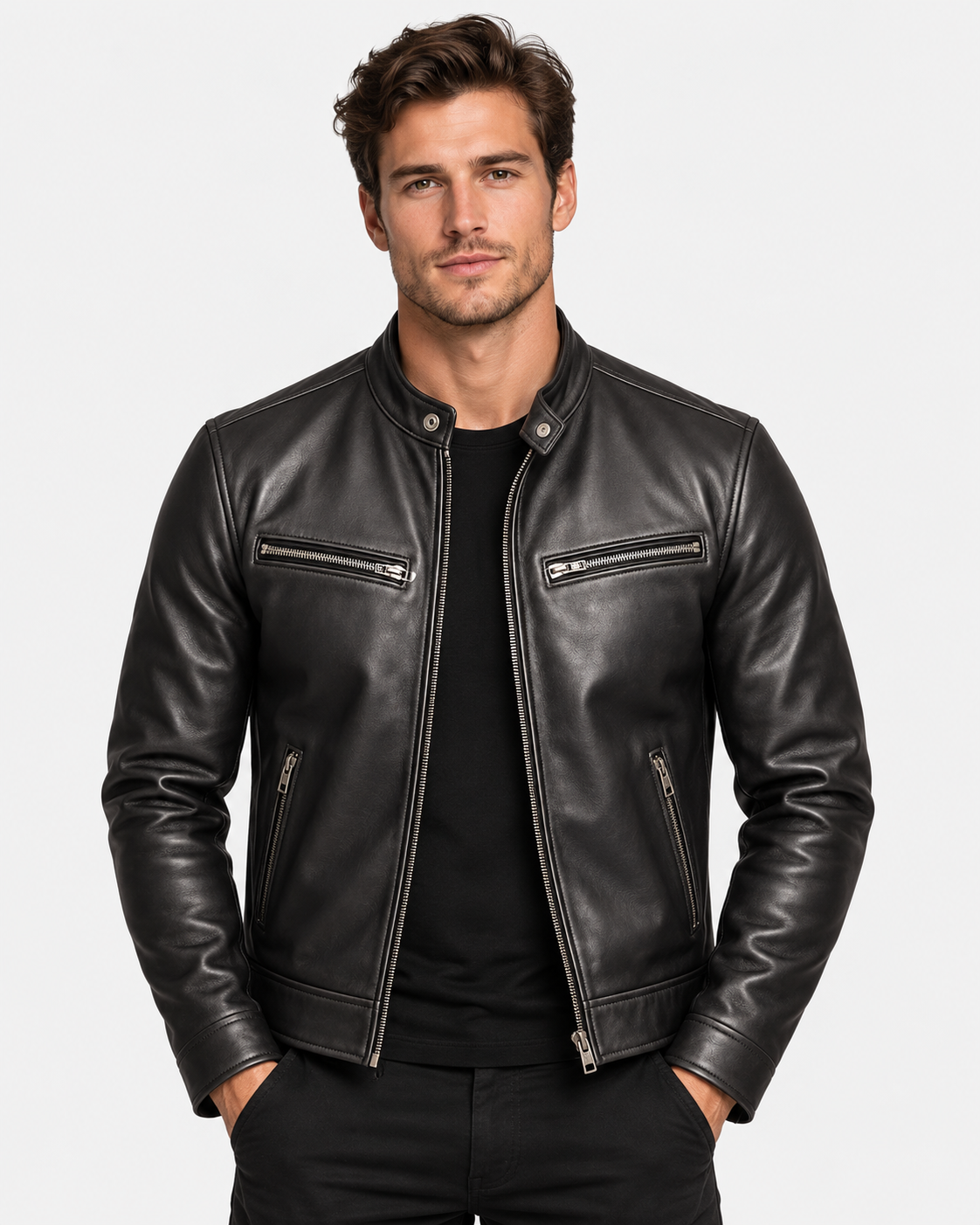 Men Leather Biker Jacket Zip Pockets