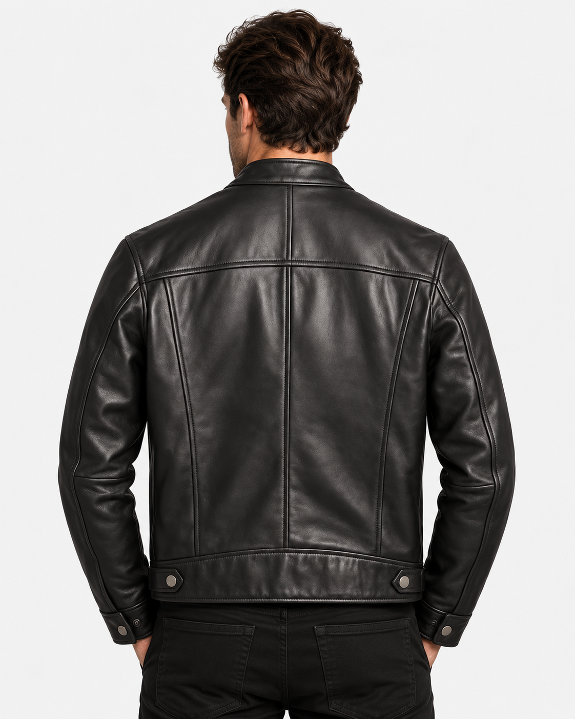 Men Leather Biker Jacket Zip Pockets