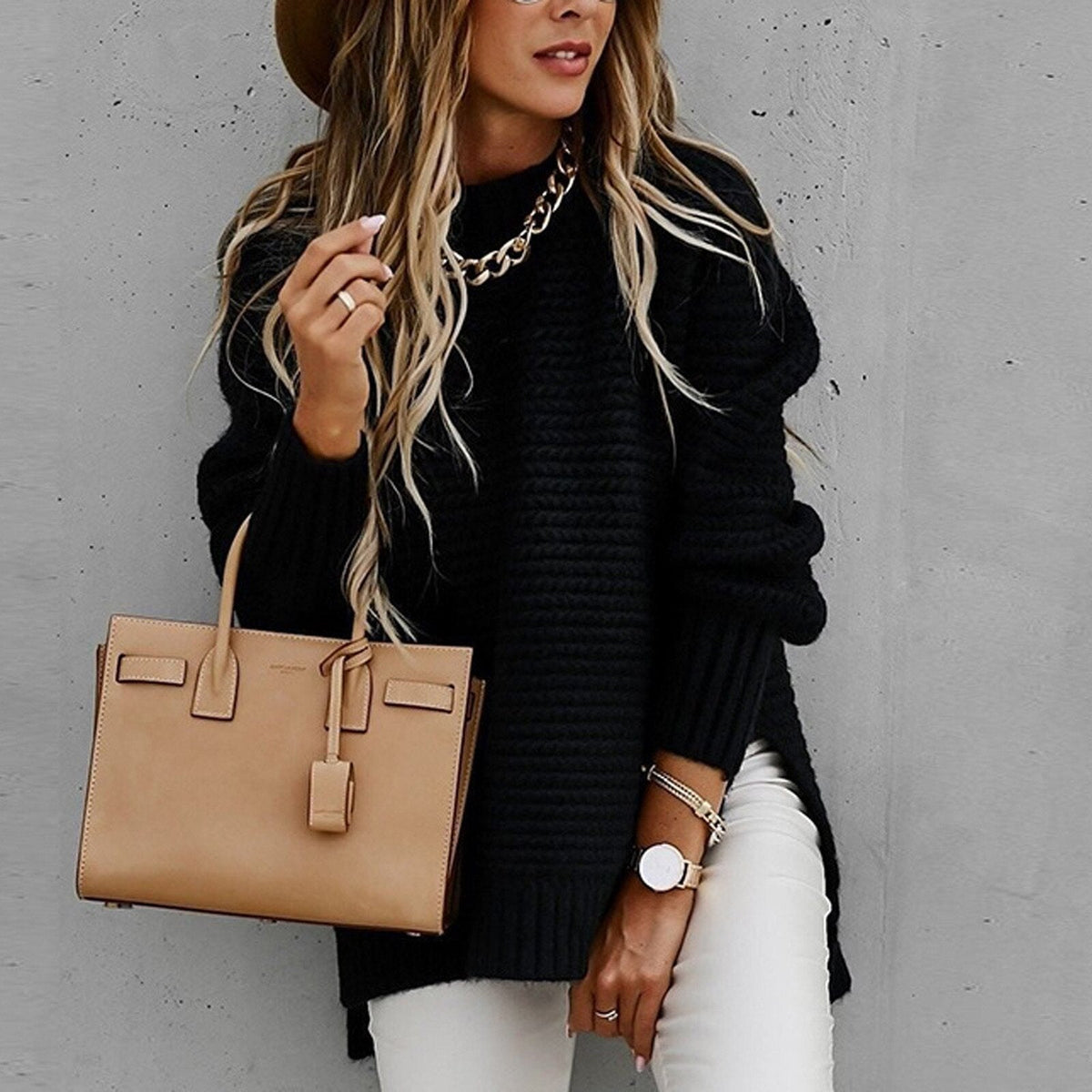 Robyn High Neck Waffle Knit Side Slit Jumper in Black