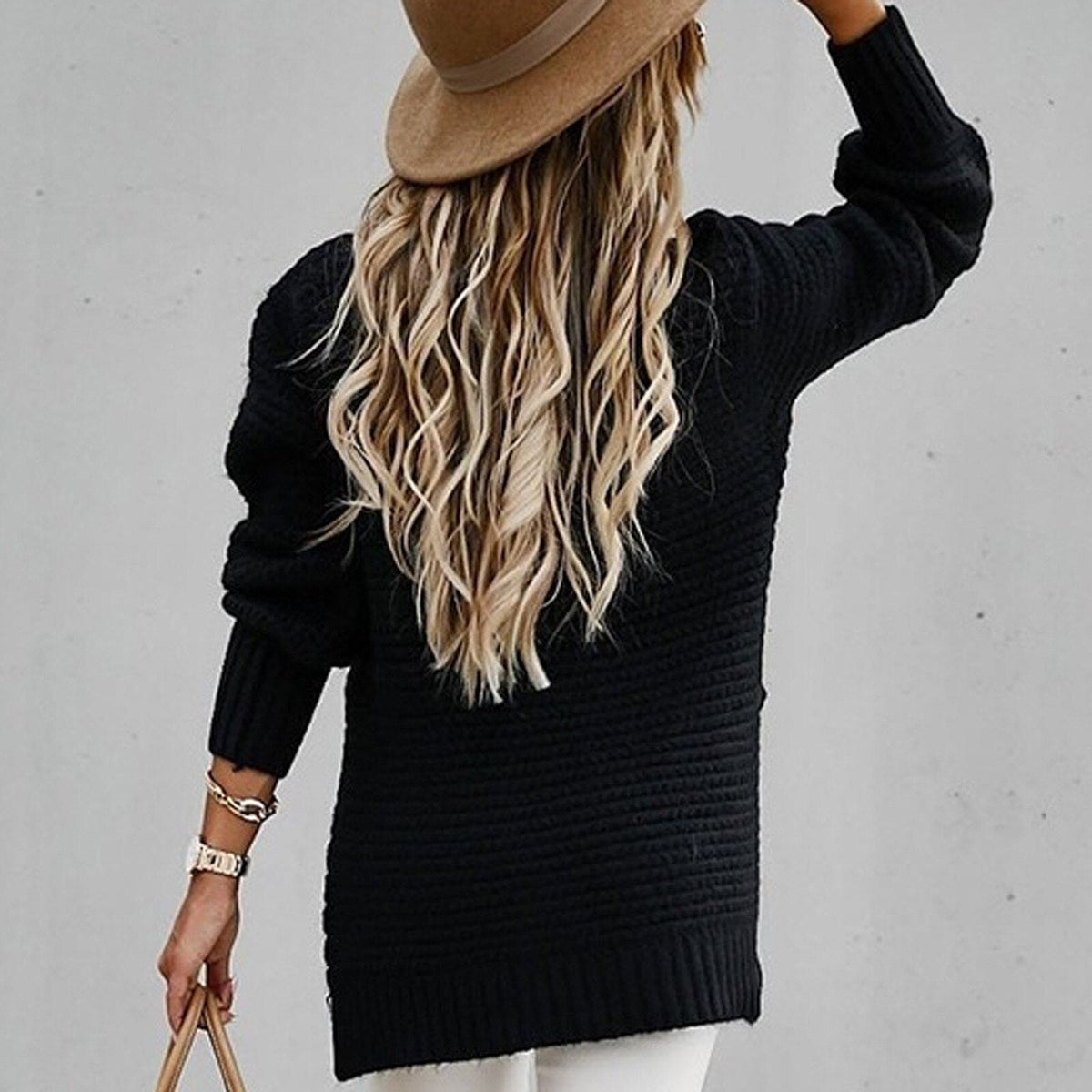 Robyn High Neck Waffle Knit Side Slit Jumper in Black