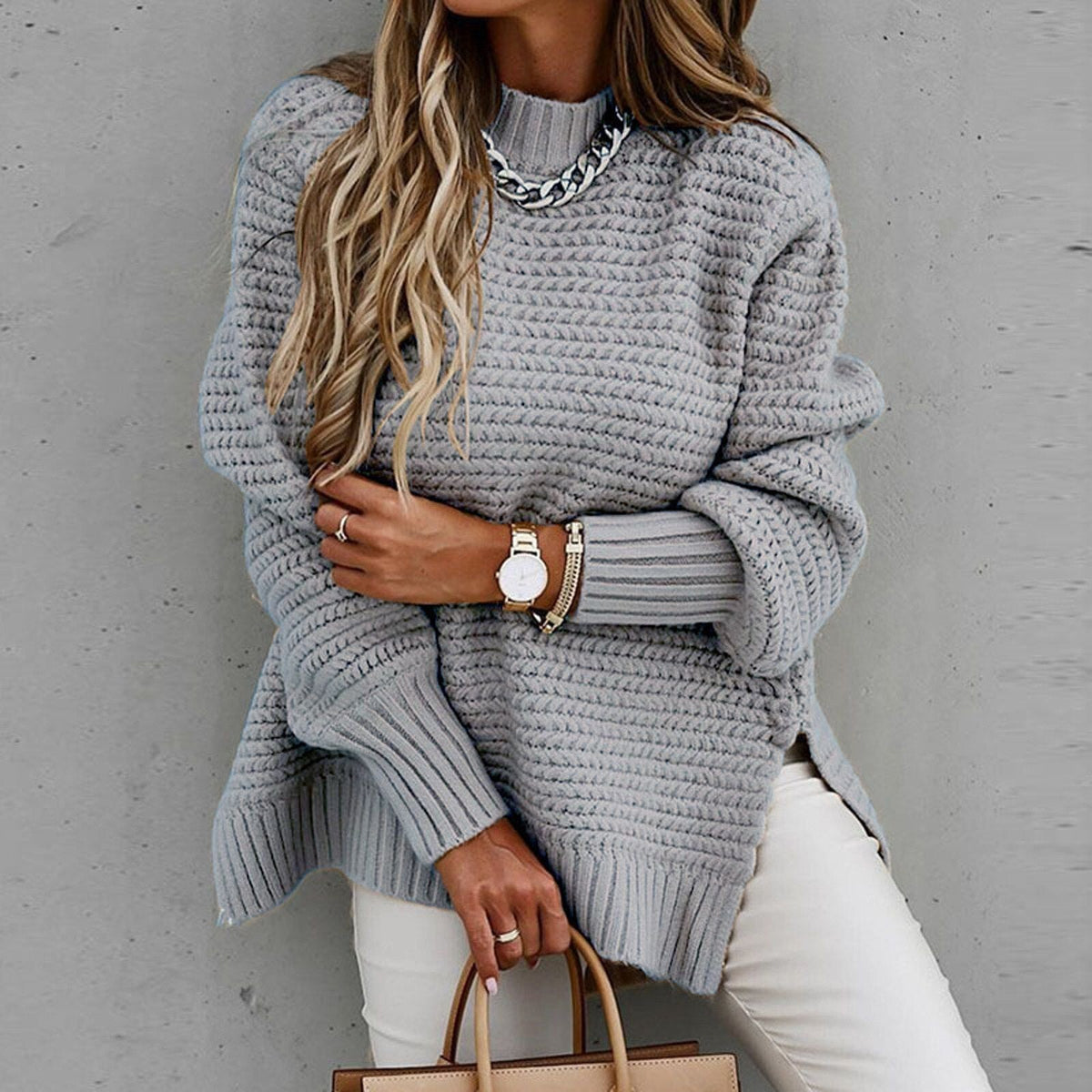 Robyn High Neck Waffle Knit Side Slit Jumper in Grey