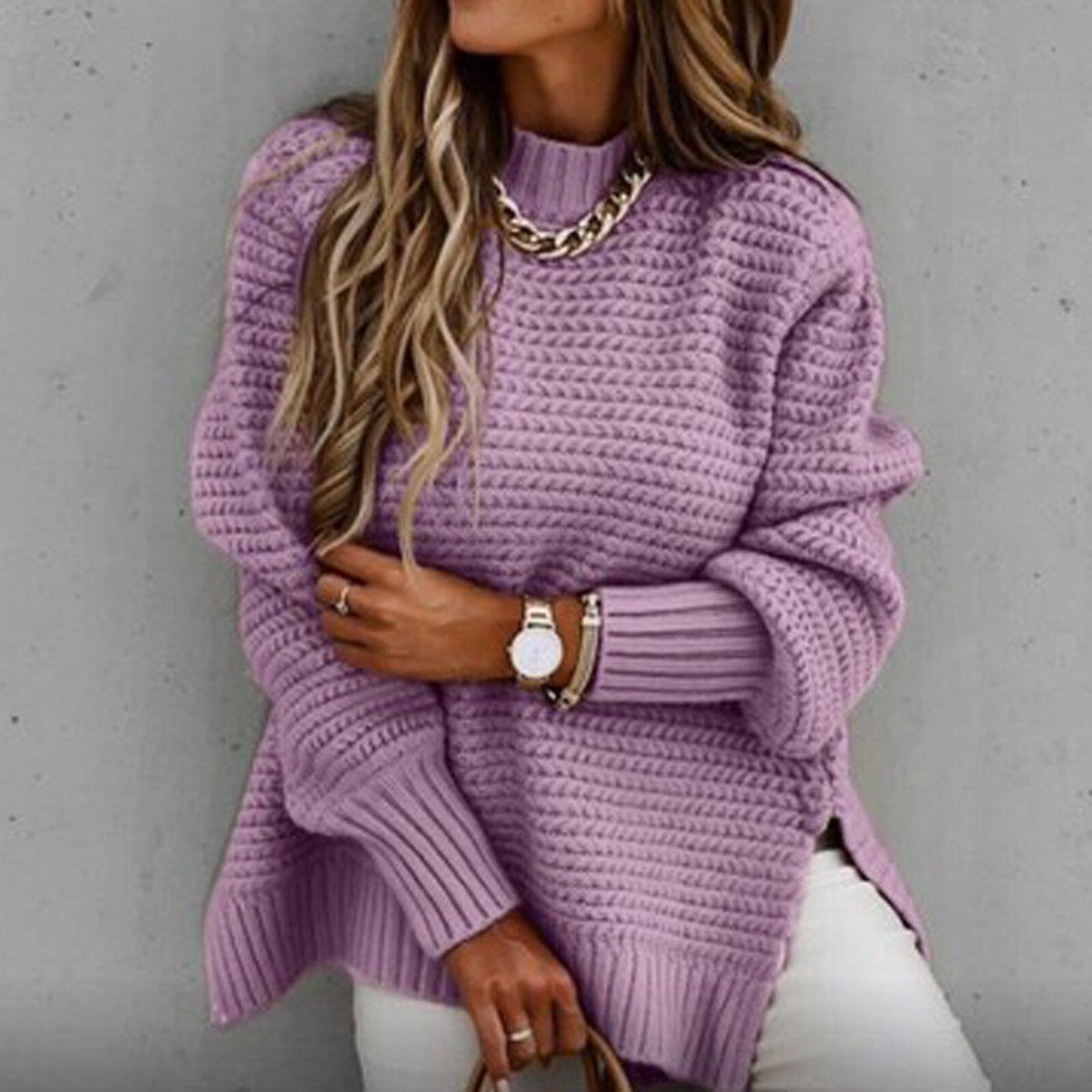 Robyn High Neck Waffle Knit Side Slit Jumper in Lilac