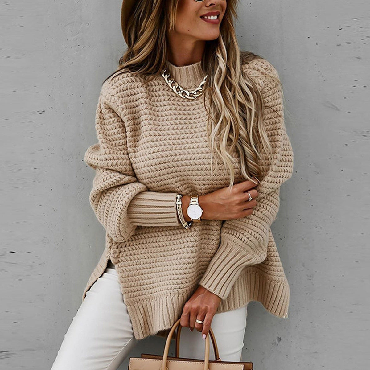Robyn High Neck Waffle Knit Side Slit Jumper in Beige