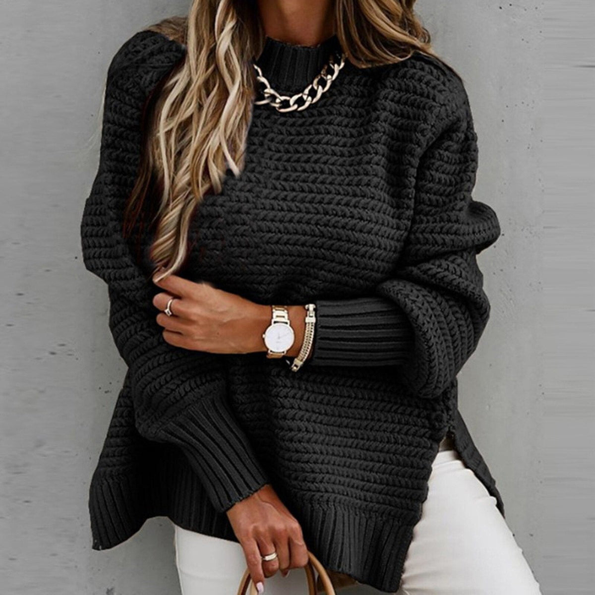 Robyn High Neck Waffle Knit Side Slit Jumper in Black