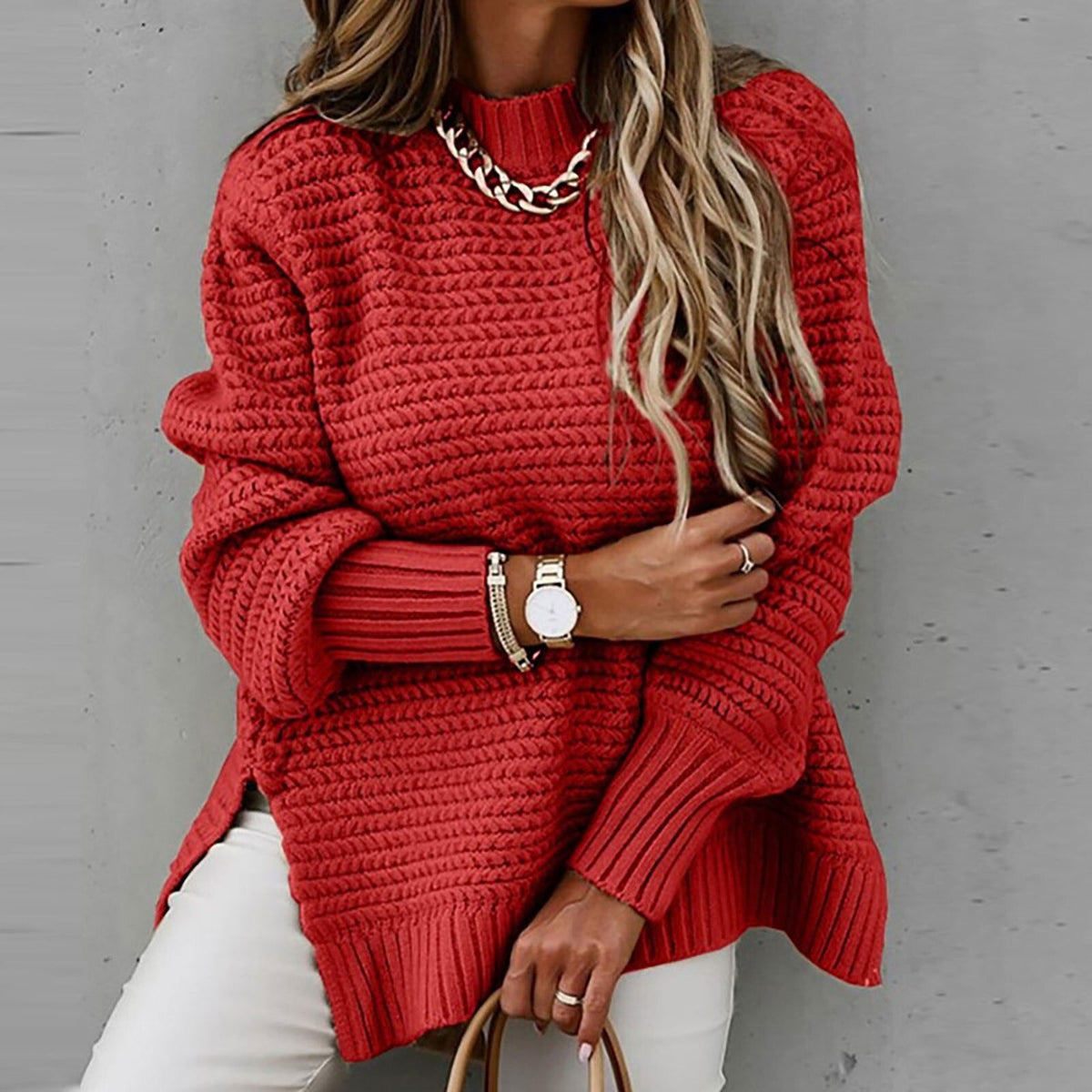 Robyn High Neck Waffle Knit Side Slit Jumper in Red
