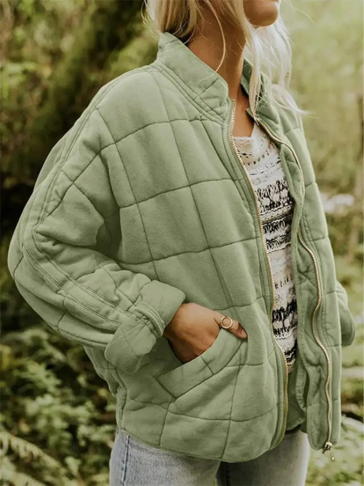 Ava Oversized Quilted Zip Jacket in Sage Green