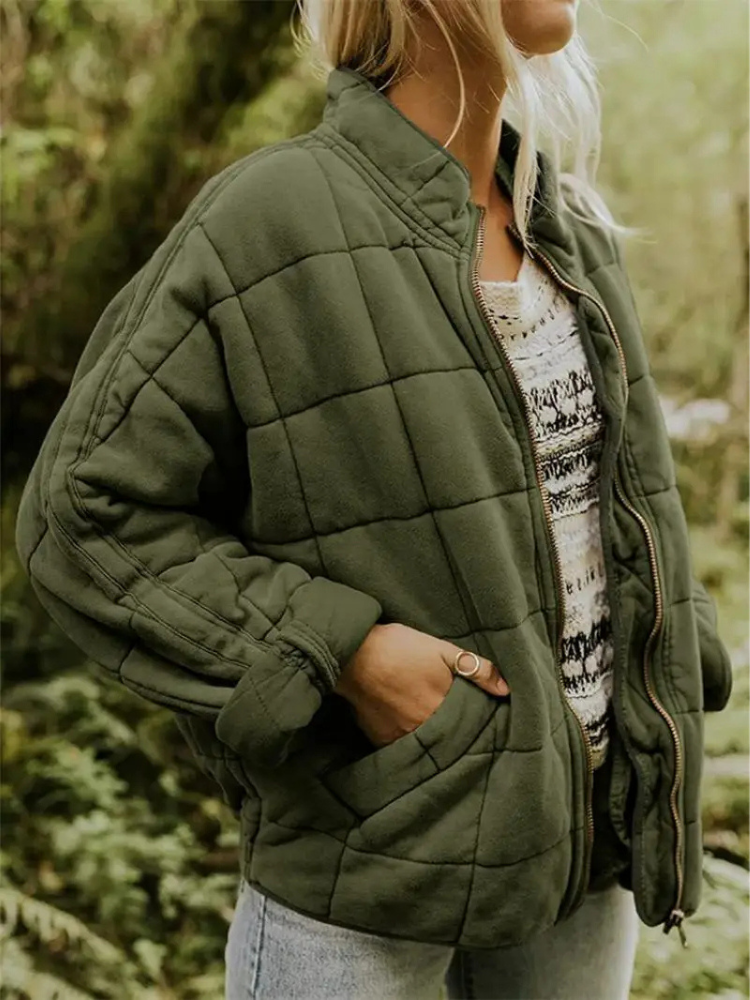 Ava Oversized Quilted Zip Jacket in Army Green