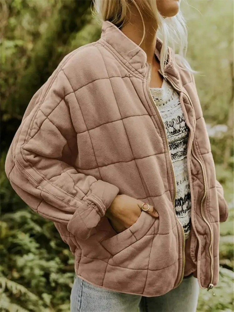 Ava Oversized Quilted Zip Jacket in Blush Beige