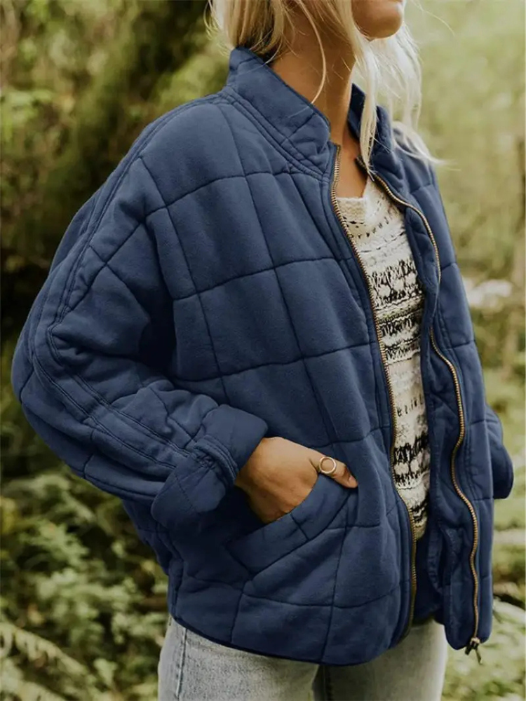 Ava Oversized Quilted Zip Jacket in Navy