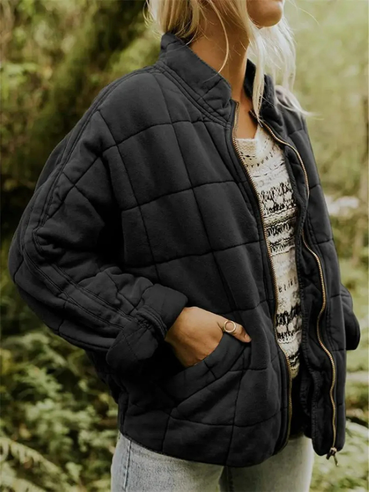 Ava Oversized Quilted Zip Jacket in Black