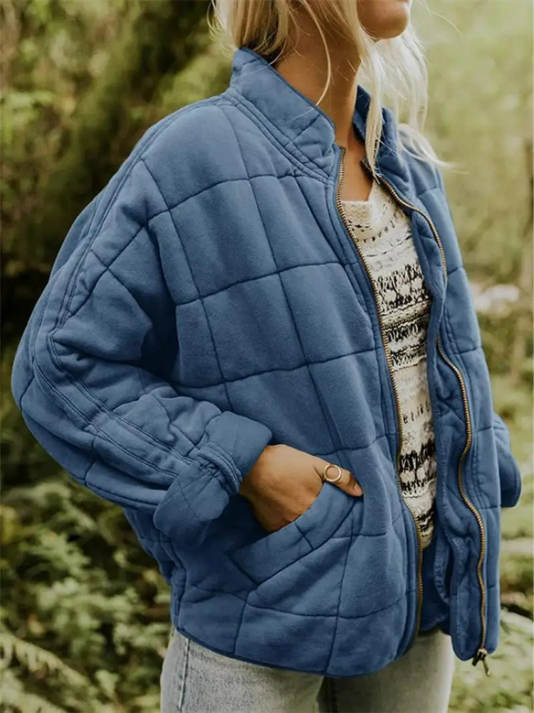 Ava Oversized Quilted Zip Jacket in Blue