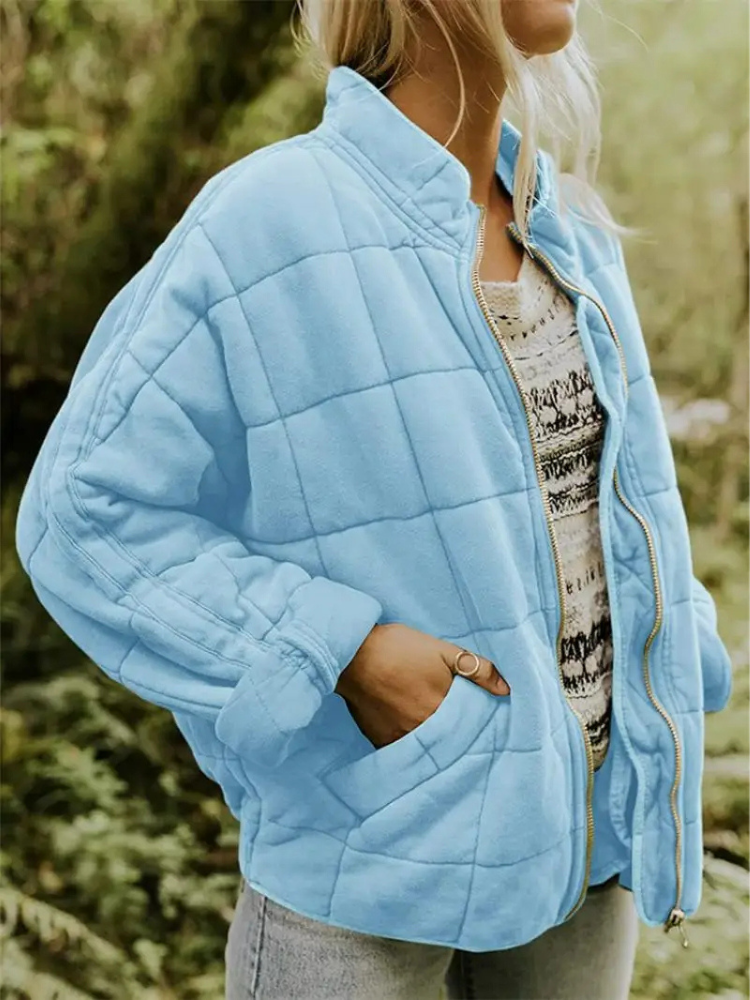 Ava Oversized Quilted Zip Jacket in Light Blue