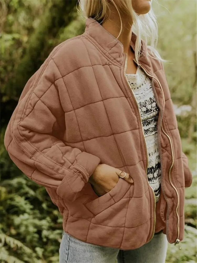Ava Oversized Quilted Zip Jacket in Brown