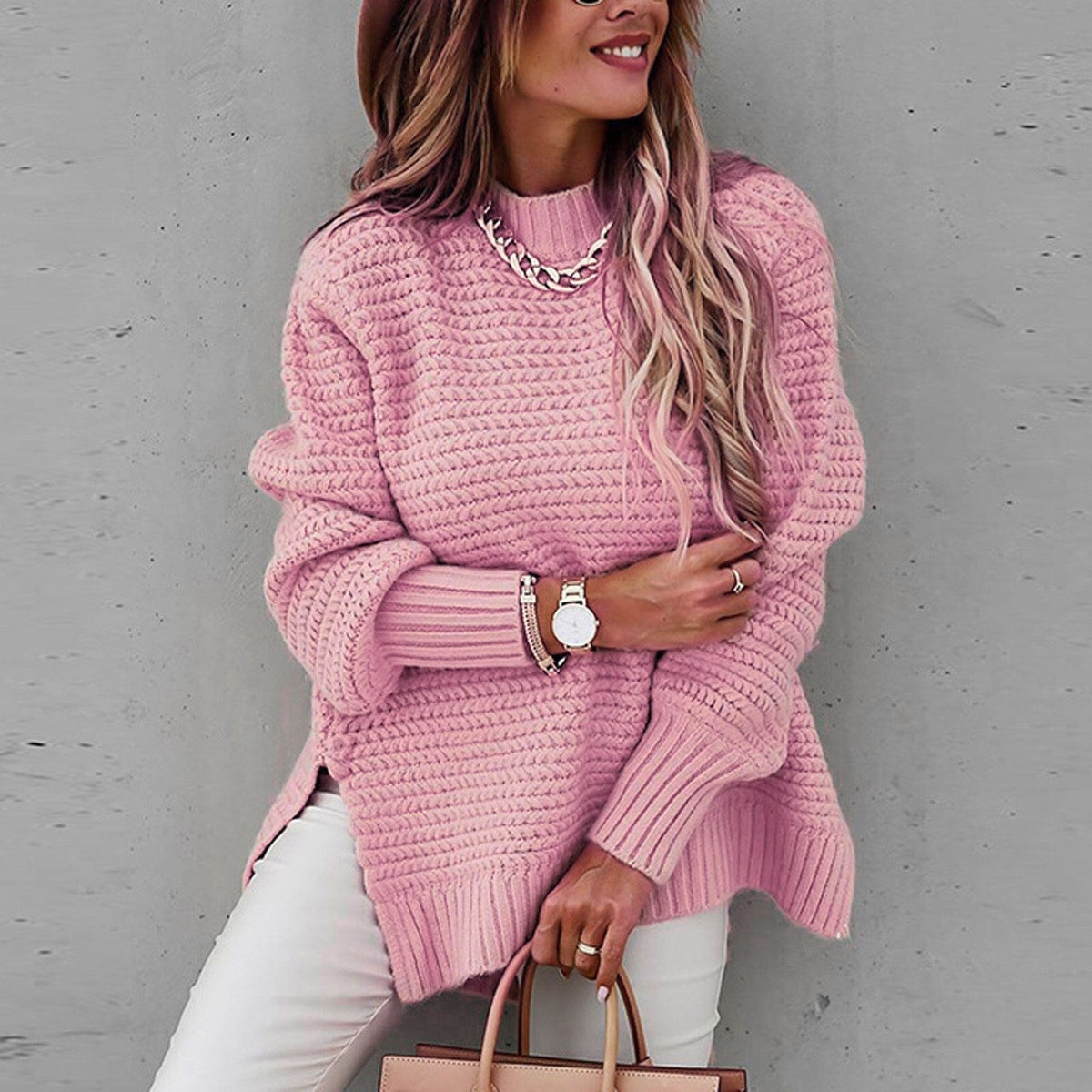 Robyn High Neck Waffle Knit Side Slit Jumper in Pink
