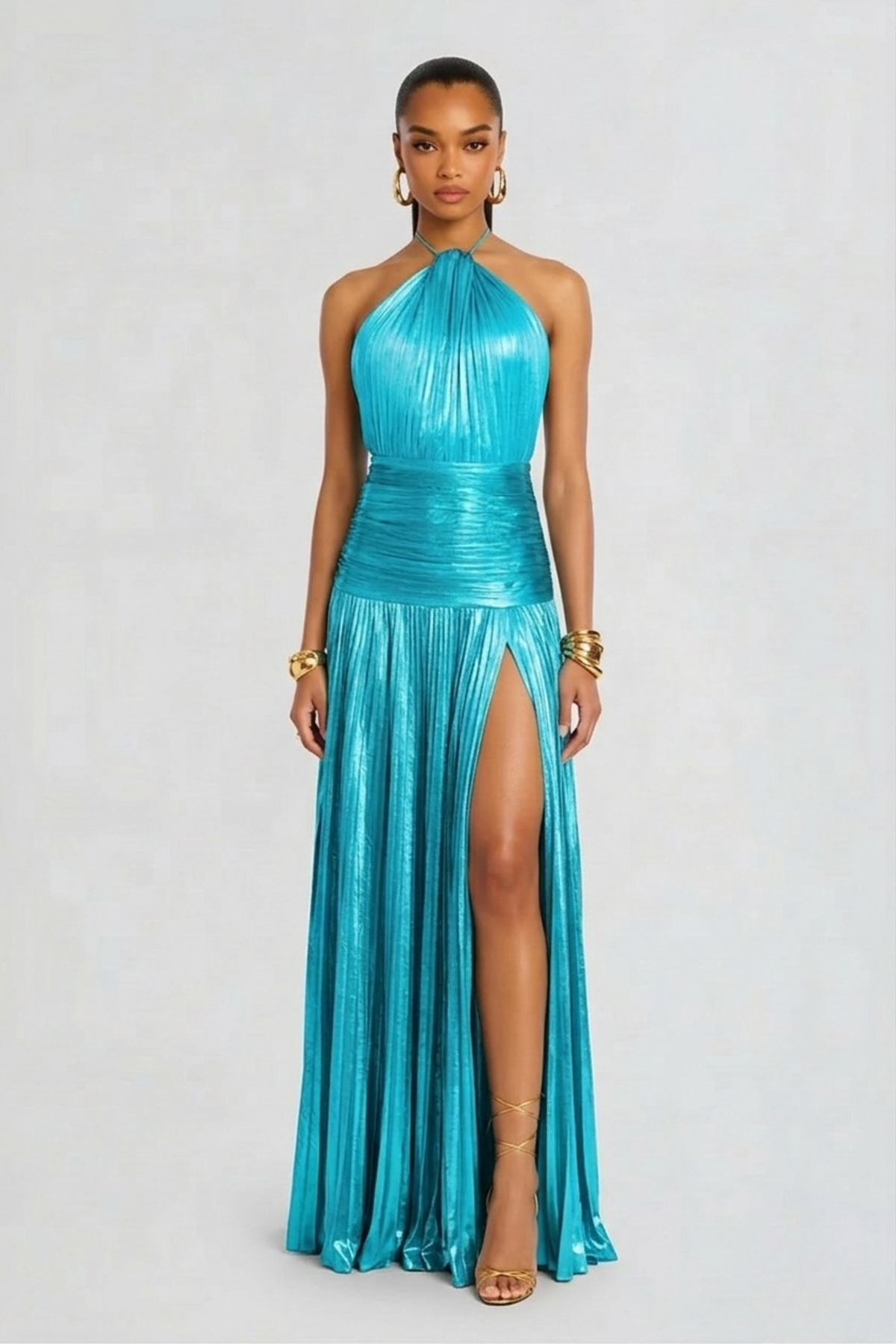 Aurelia metallic pleated halter maxi dress