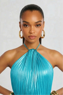 Aurelia metallic pleated halter maxi dress