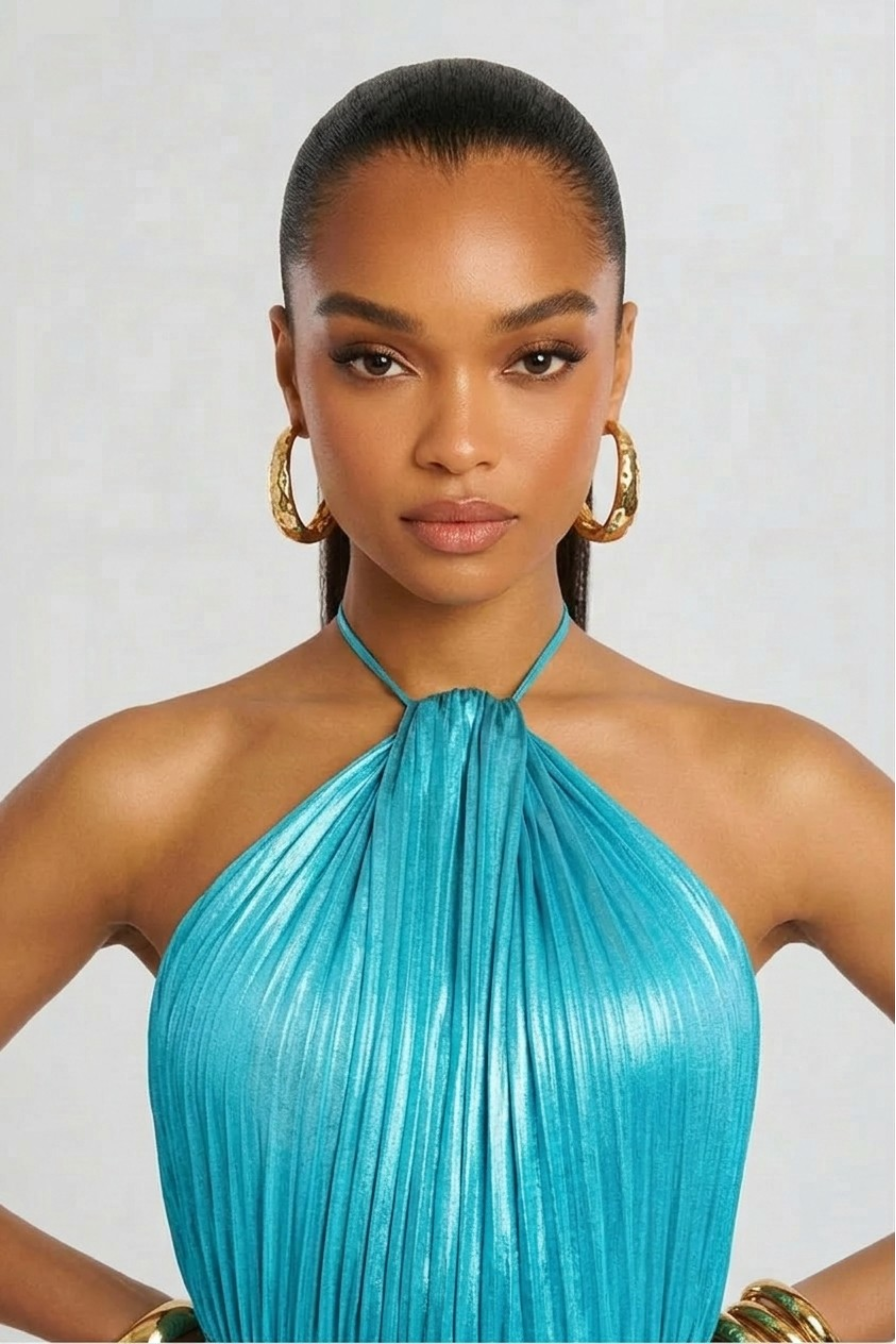 Aurelia metallic pleated halter maxi dress