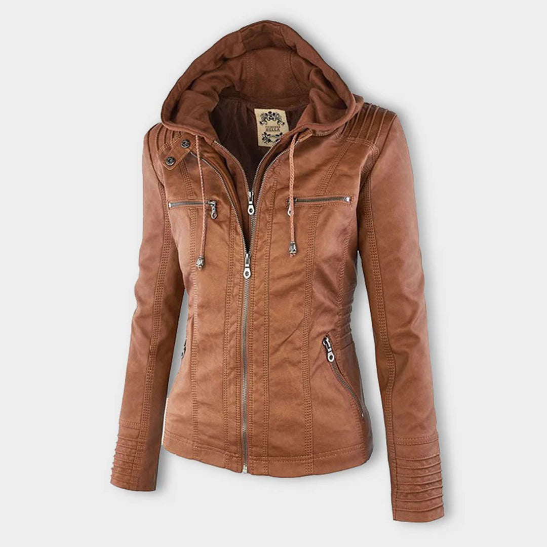 Joanna Hooded Leather Look Biker Jacket in Tan
