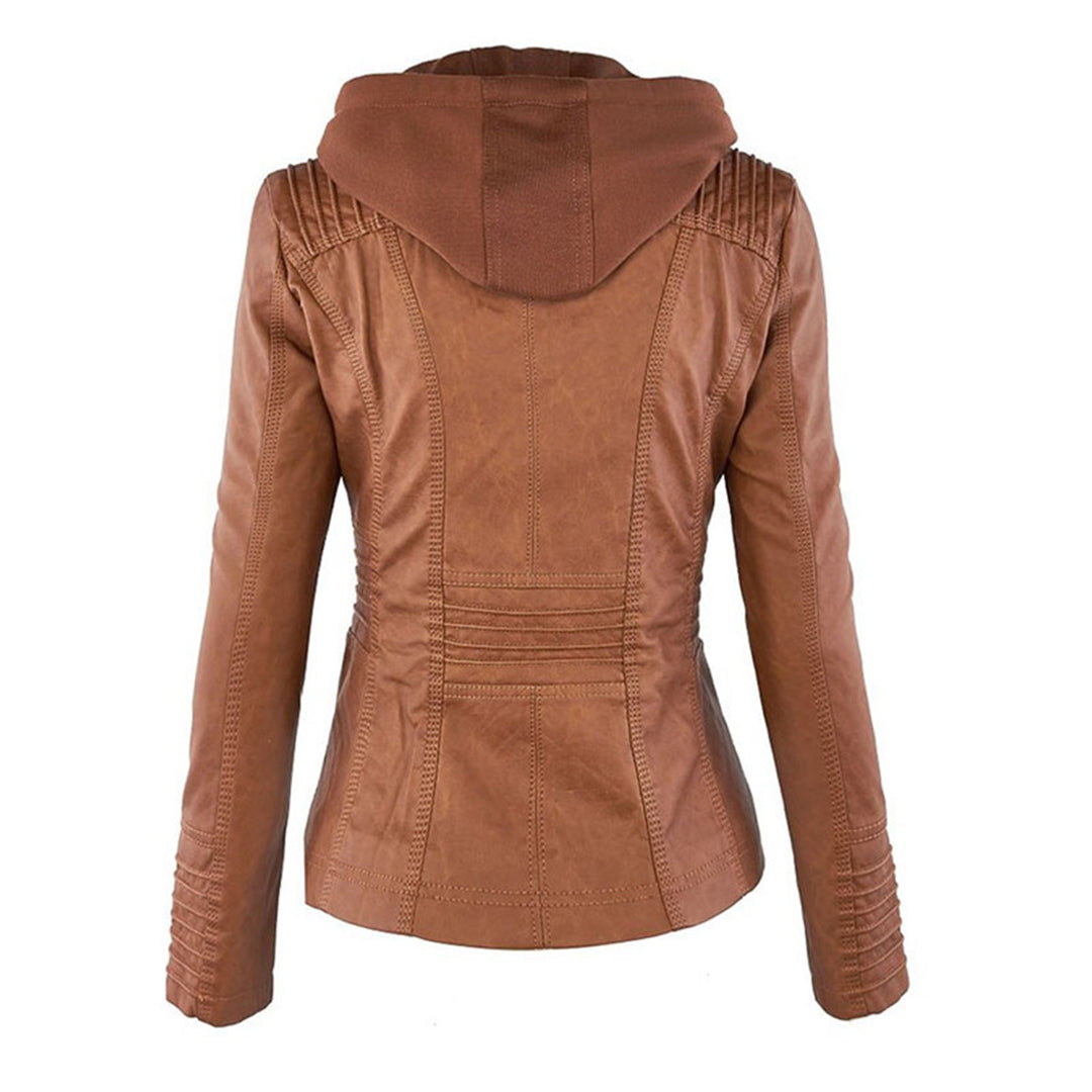 Joanna Hooded Leather Look Biker Jacket in Tan