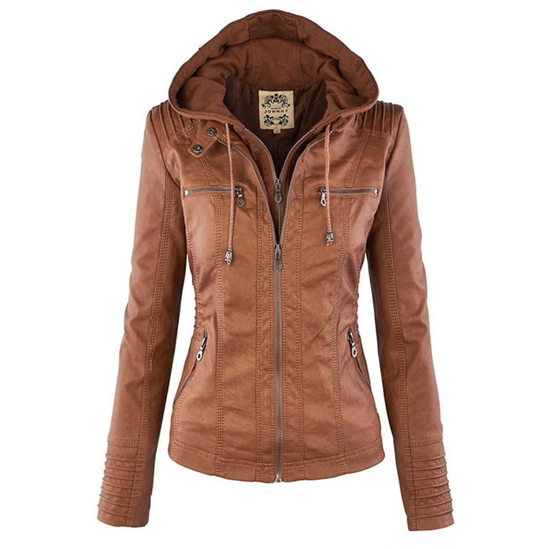 Joanna Hooded Leather Look Biker Jacket in Tan