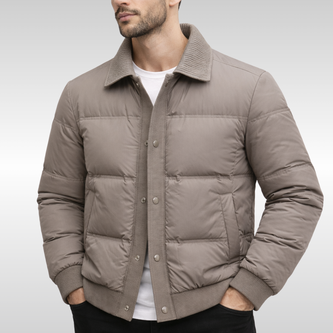 Andrew Button Front Quilted Bomber Jacket in Beige