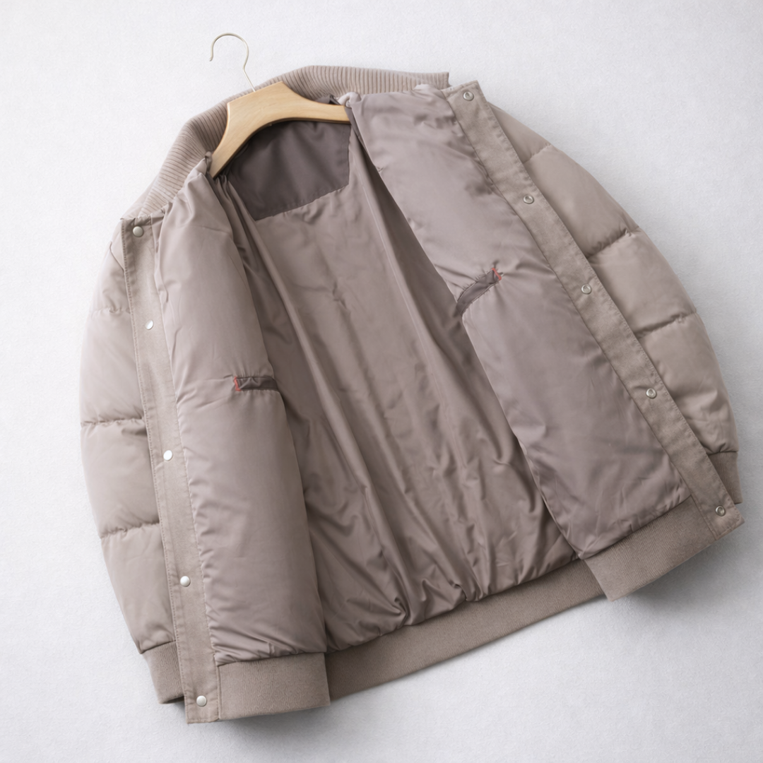 Andrew Button Front Quilted Bomber Jacket in Beige