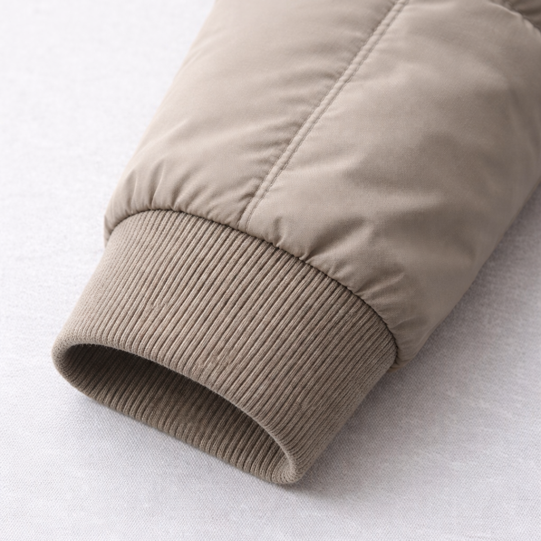 Andrew Button Front Quilted Bomber Jacket in Beige