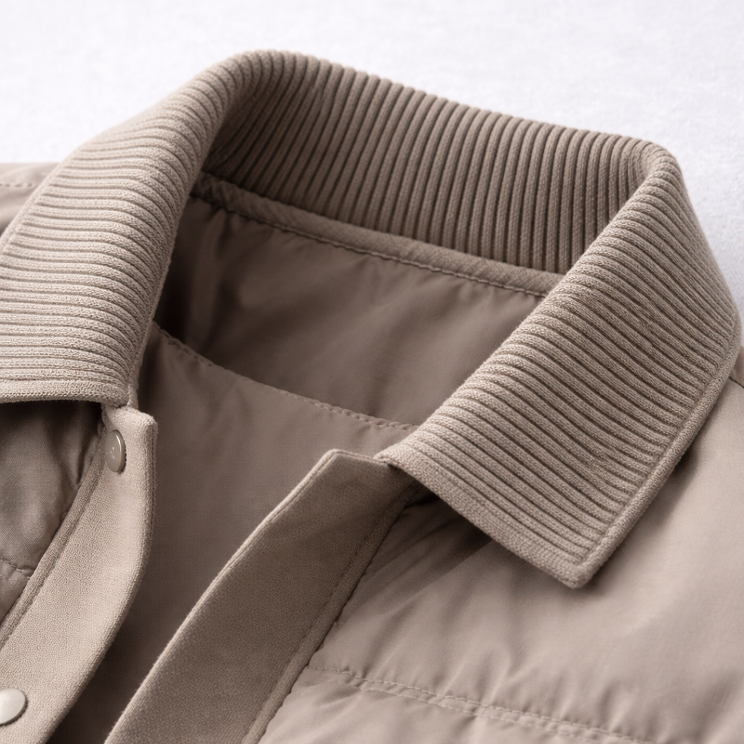 Andrew Button Front Quilted Bomber Jacket in Beige