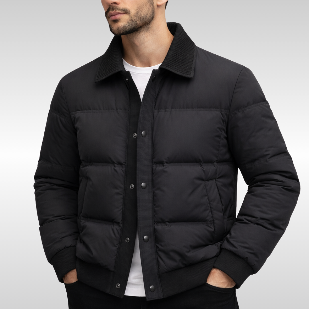Andrew Button Front Quilted Bomber Jacket in Black