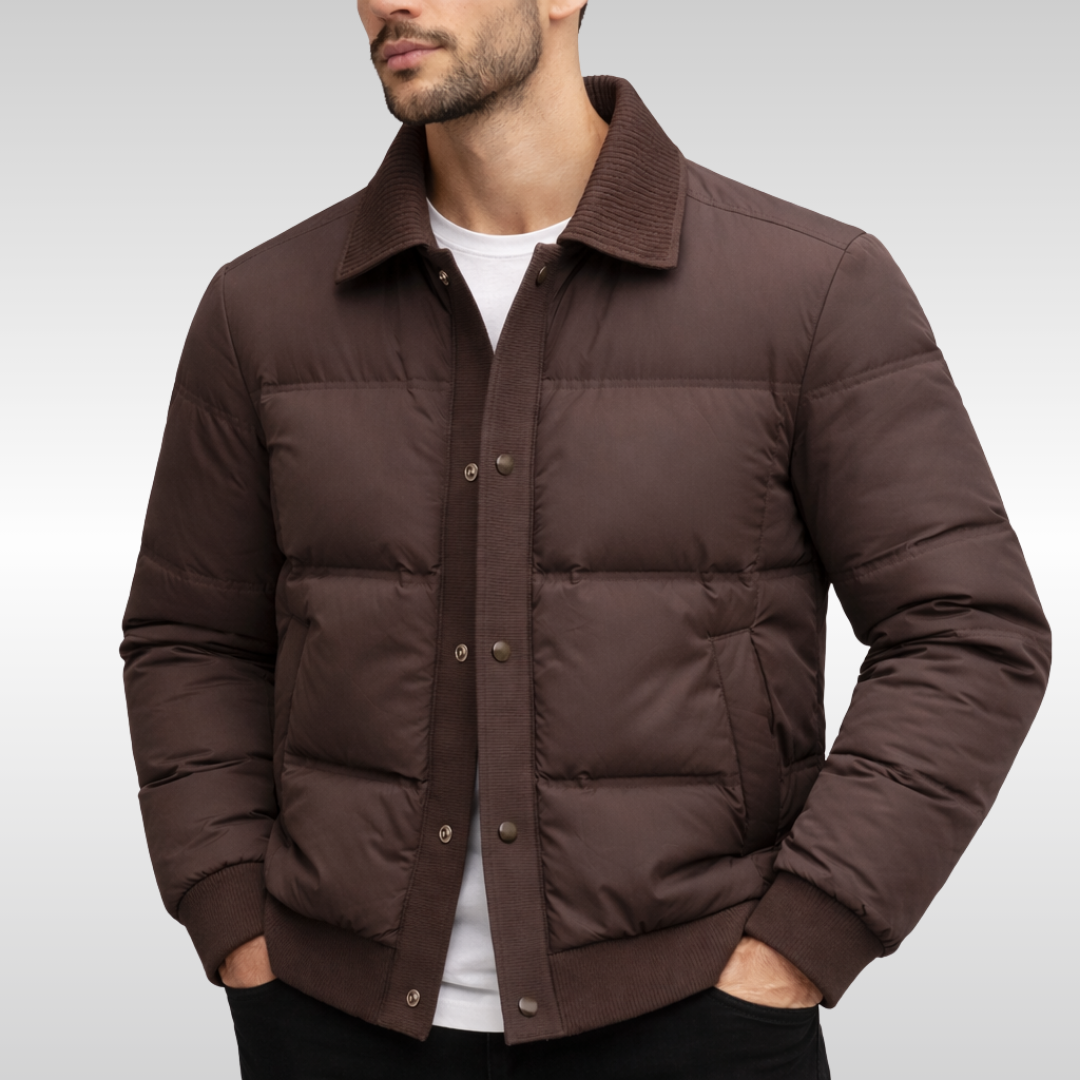 Andrew Button Front Quilted Bomber Jacket in Brown