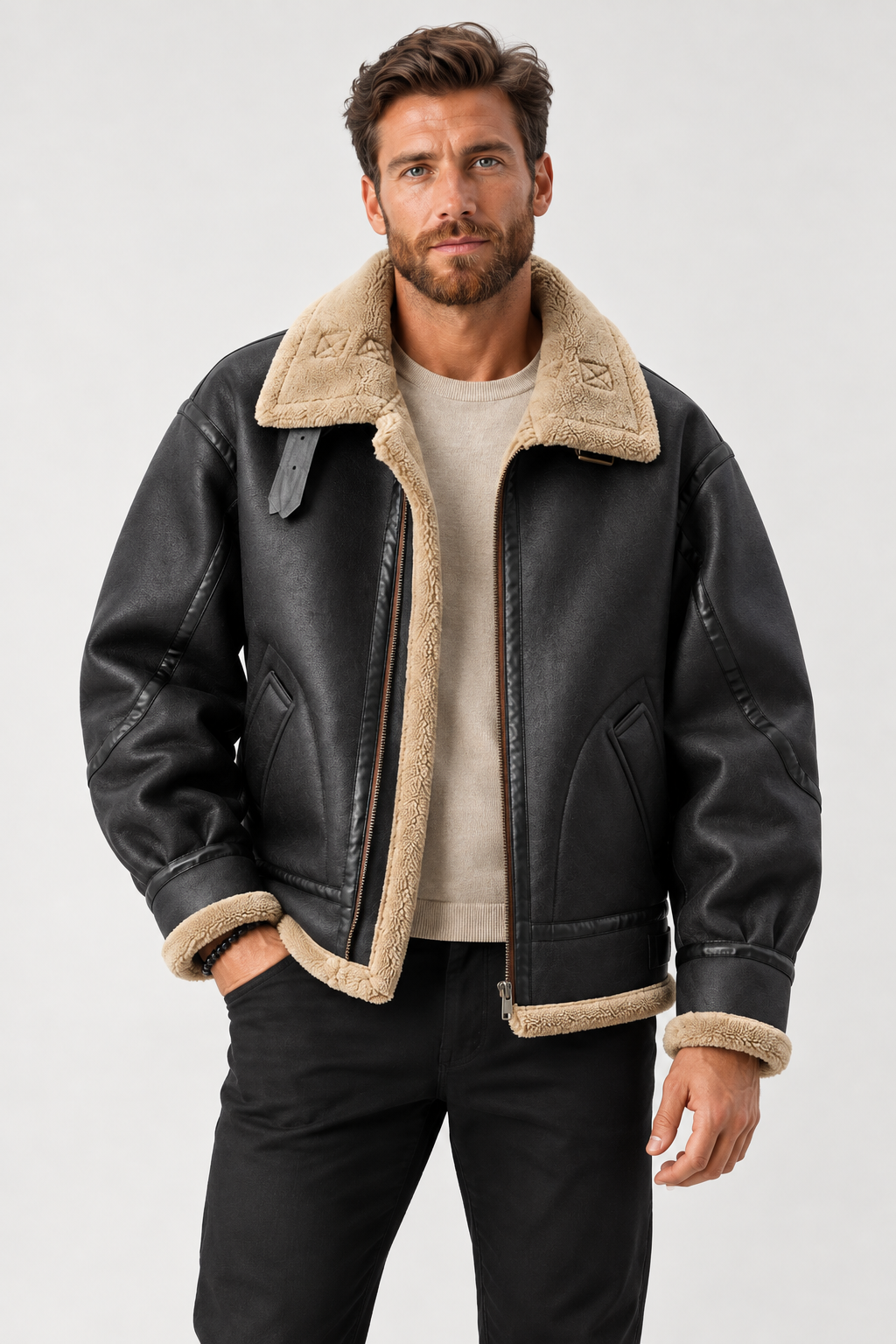 Men Aviator Bomber Jacket Lambswool Collar