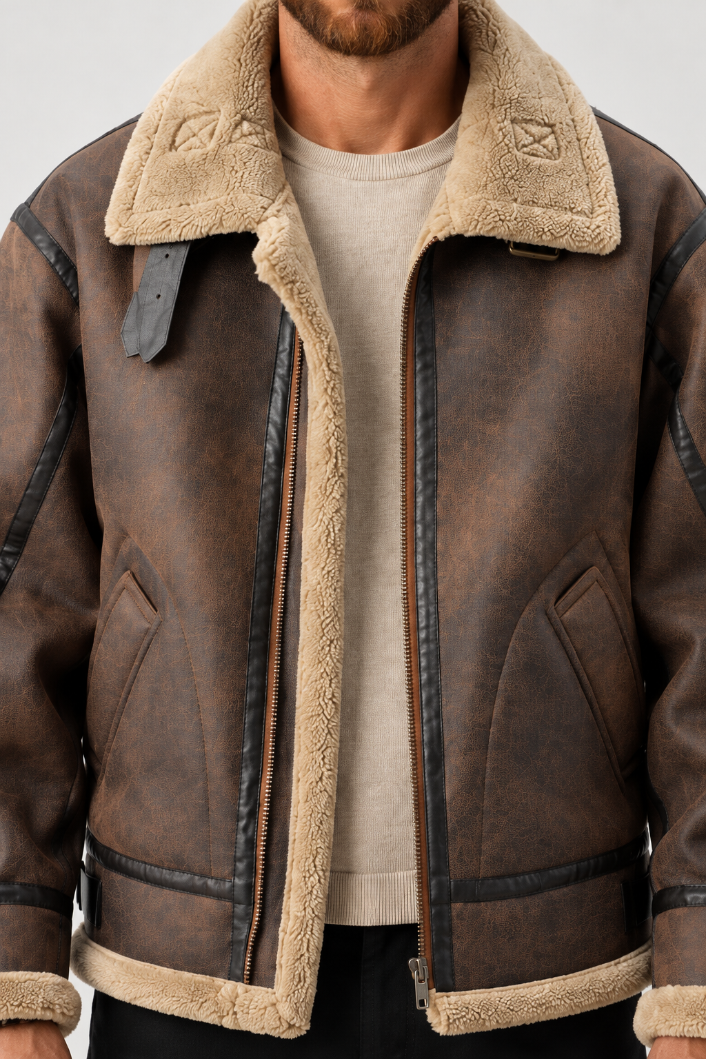 Homme Bomber Aviateur Col Laine Agneau