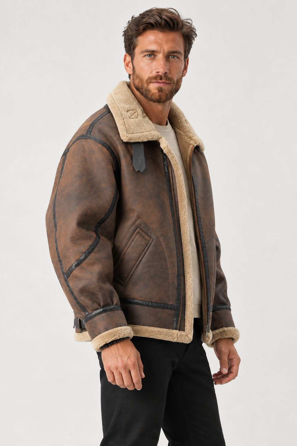 Homme Bomber Aviateur Col Laine Agneau