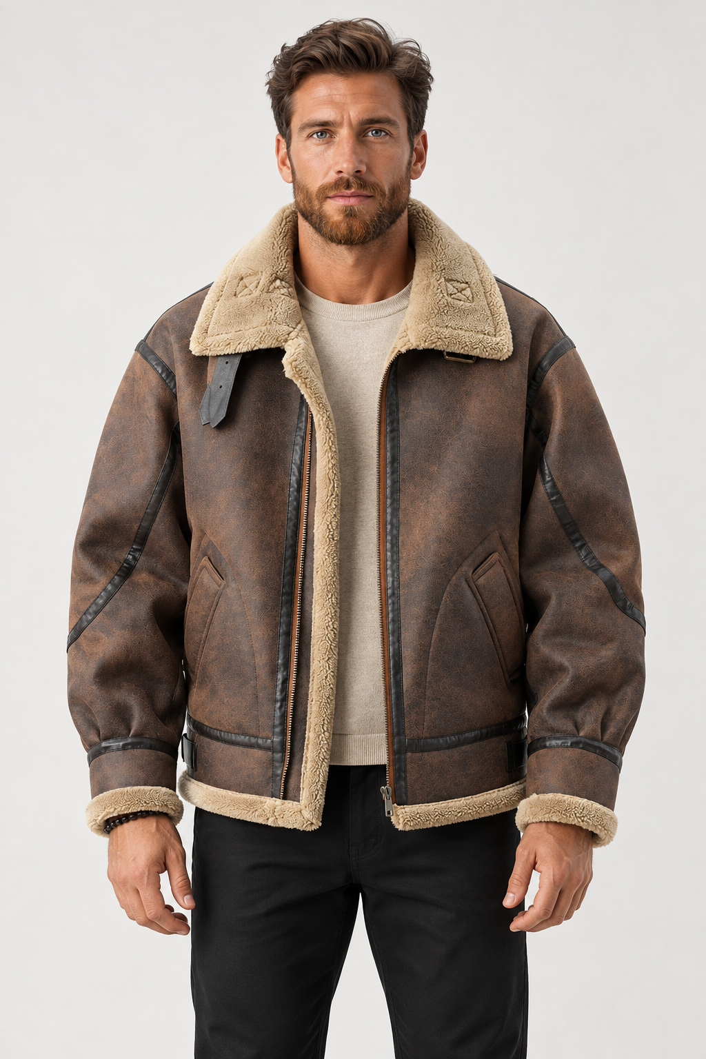 Men Aviator Bomber Jacket Lambswool Collar