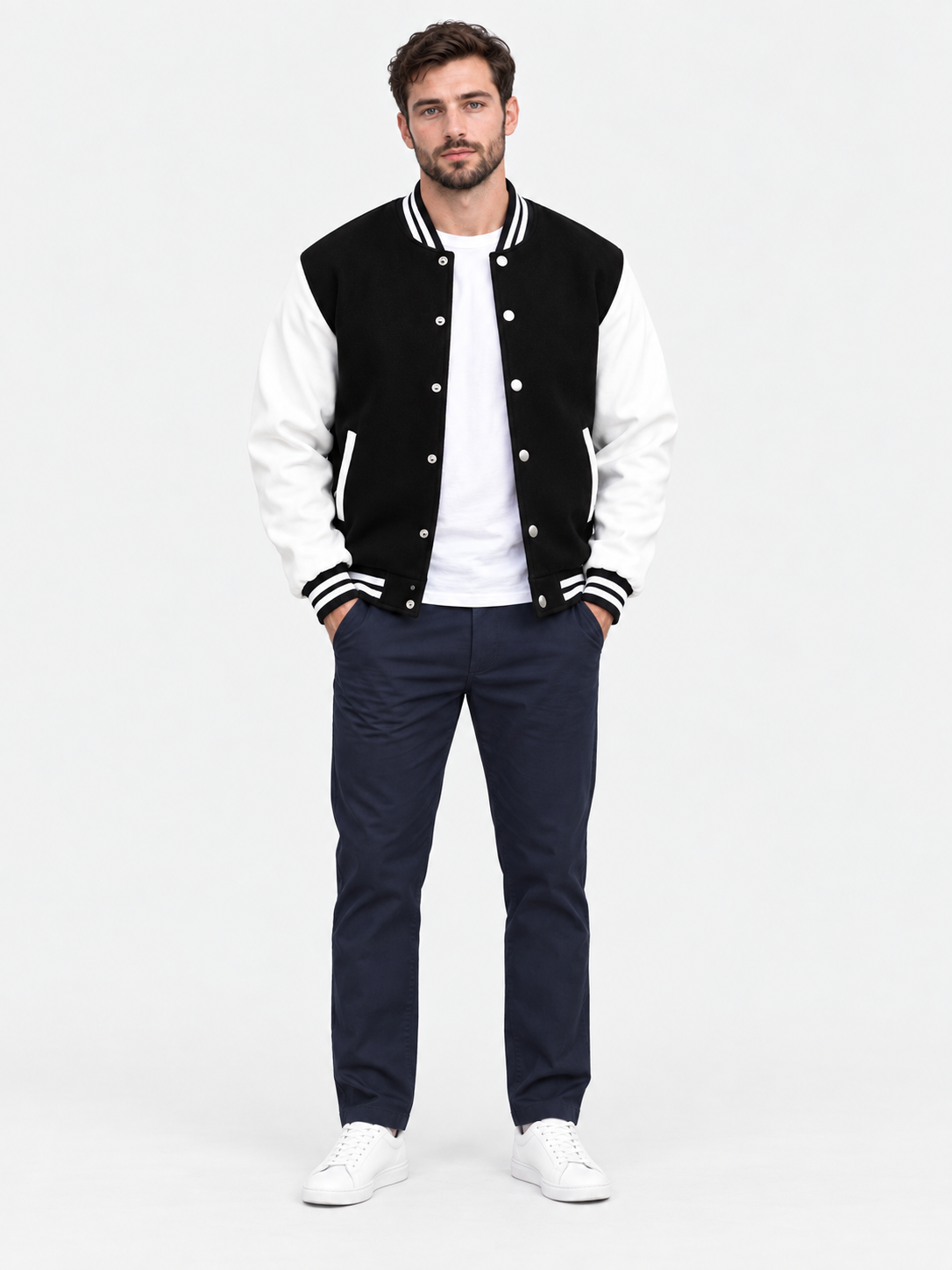 Men Black White Varsity Jacket