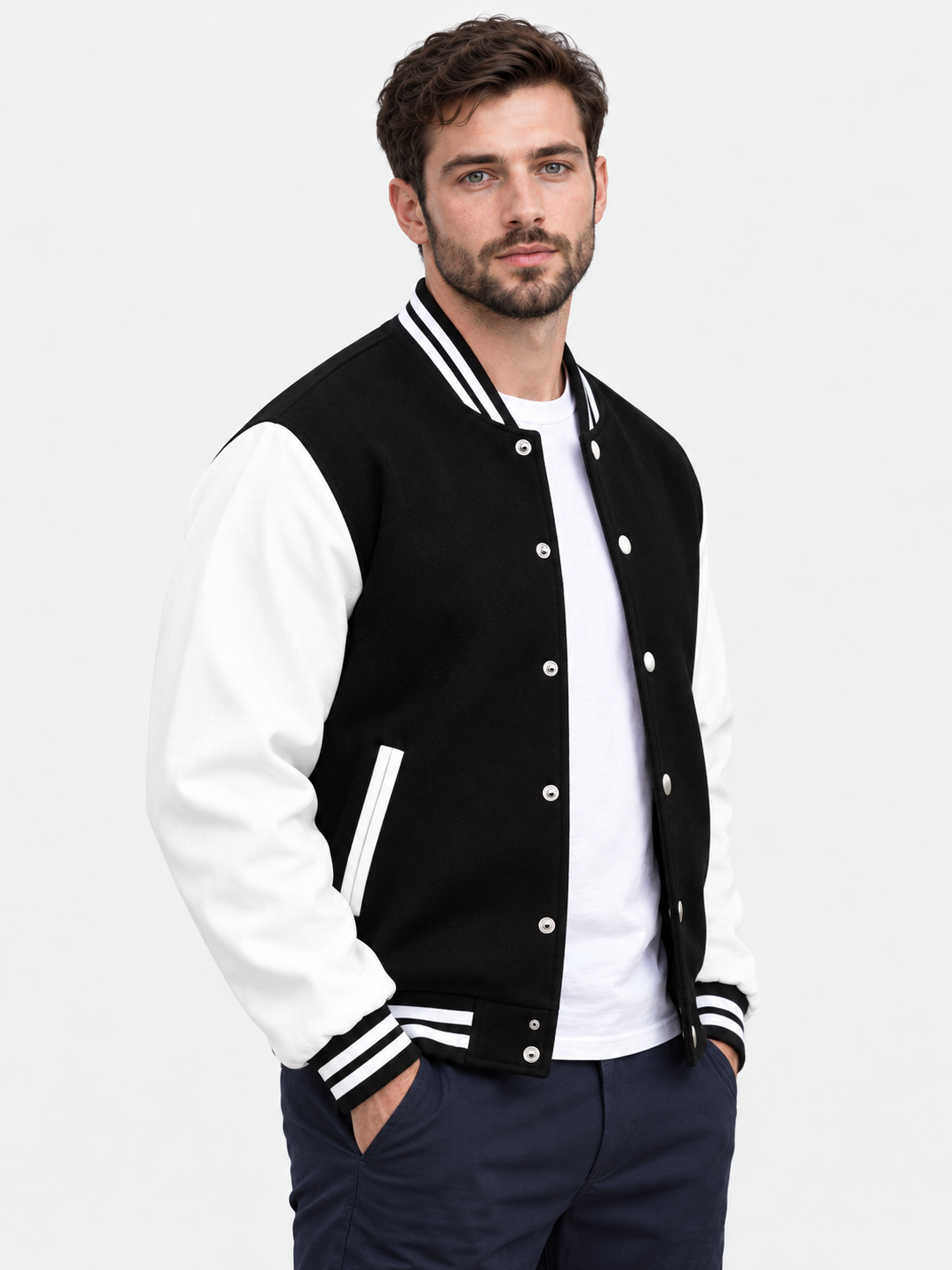 Men Black White Varsity Jacket