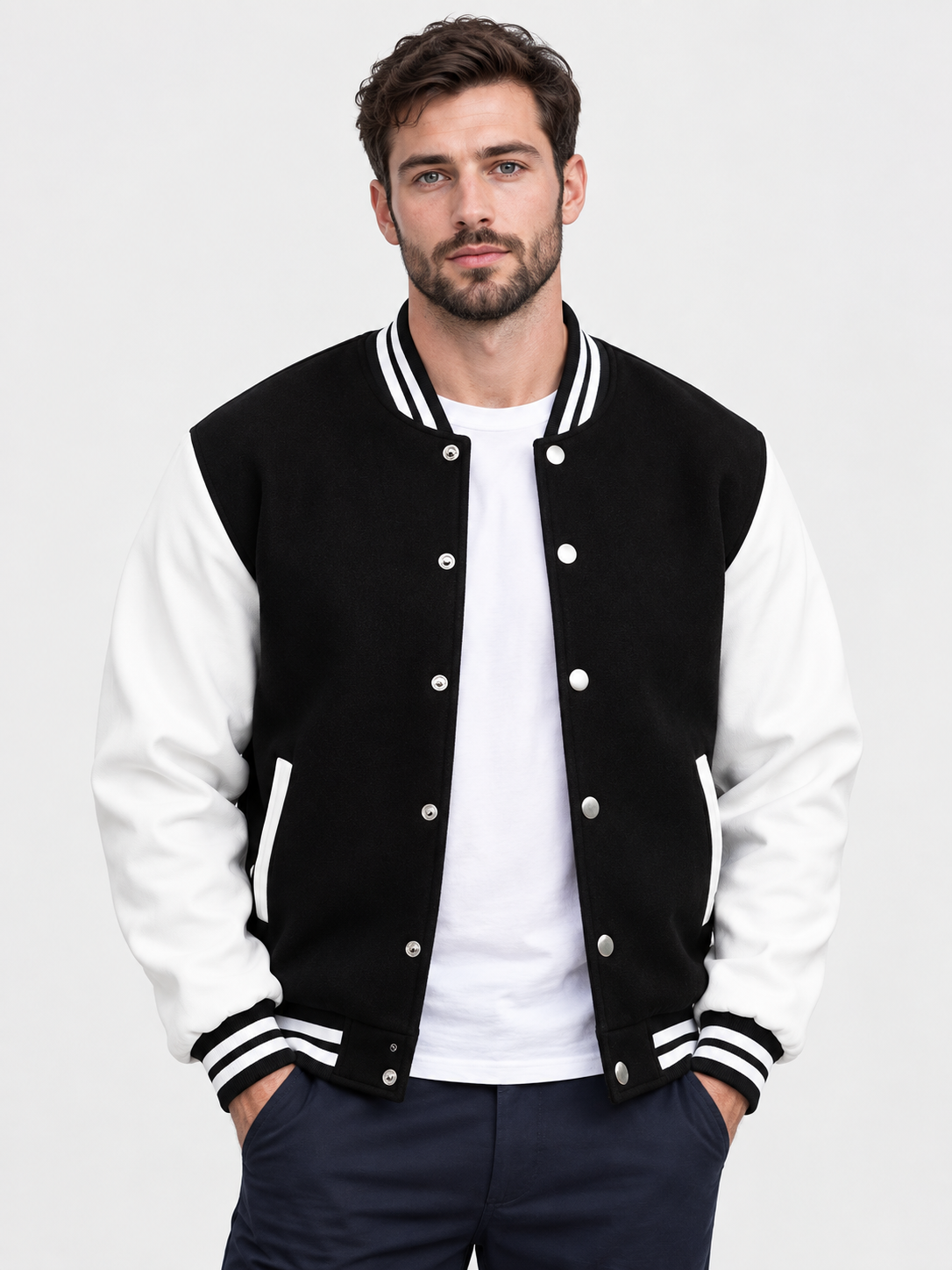 Men Black White Varsity Jacket