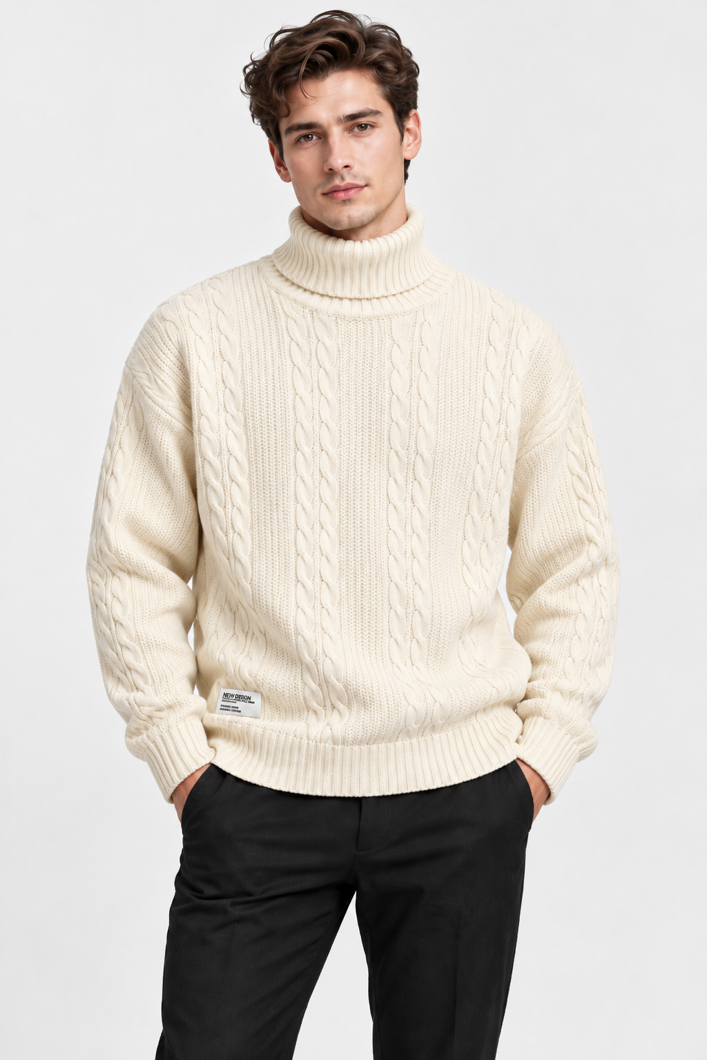 Men Cable Knit Turtleneck Jumper Relaxed Fit