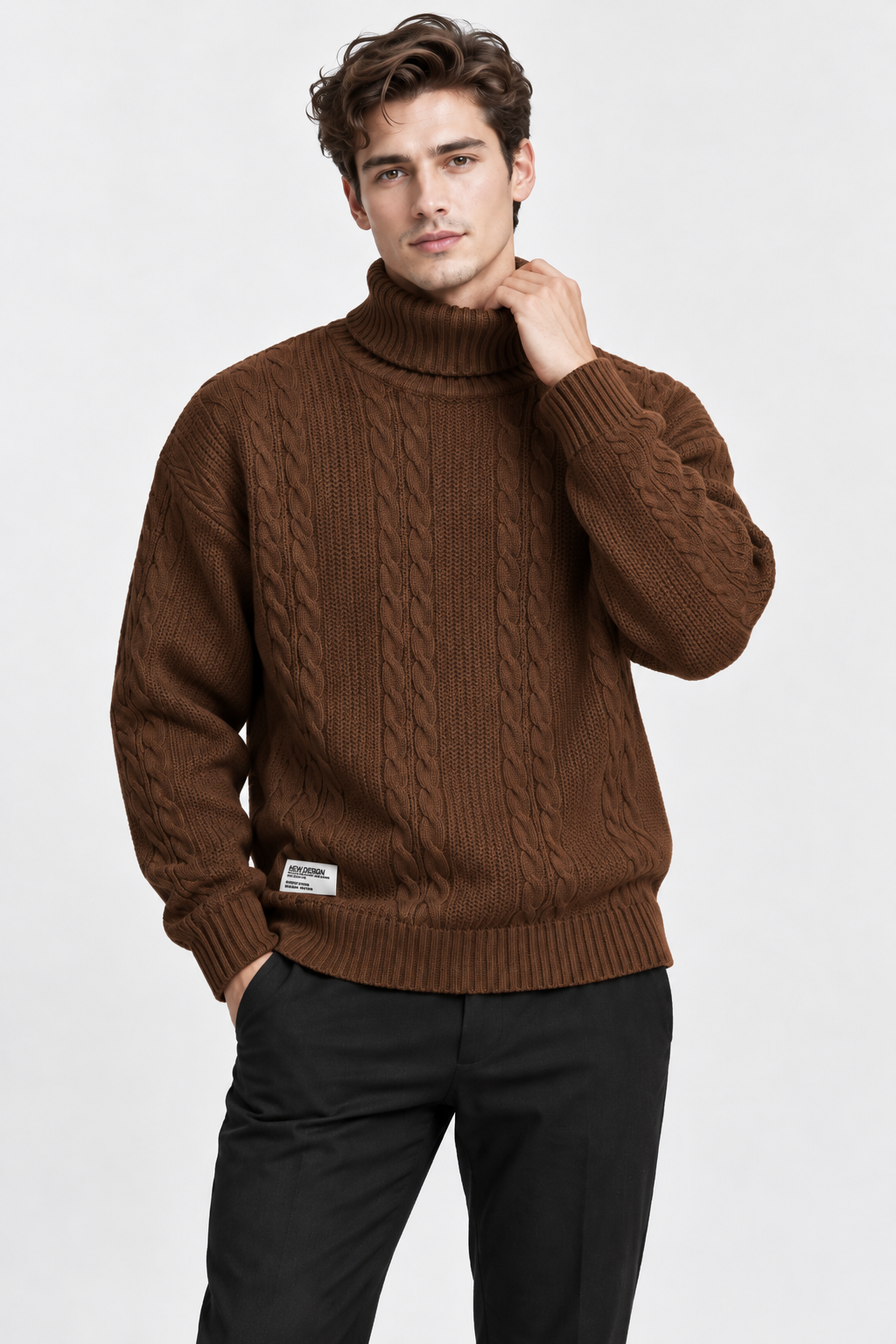 Men Cable Knit Turtleneck Jumper Relaxed Fit
