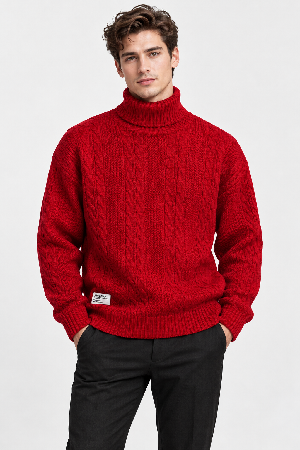 Men Cable Knit Turtleneck Jumper Relaxed Fit