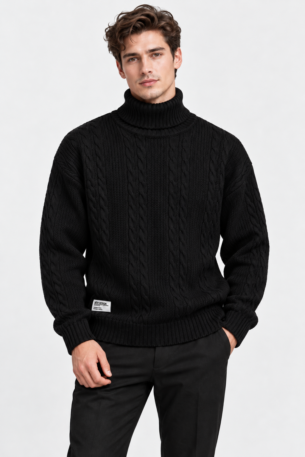 Men Cable Knit Turtleneck Jumper Relaxed Fit