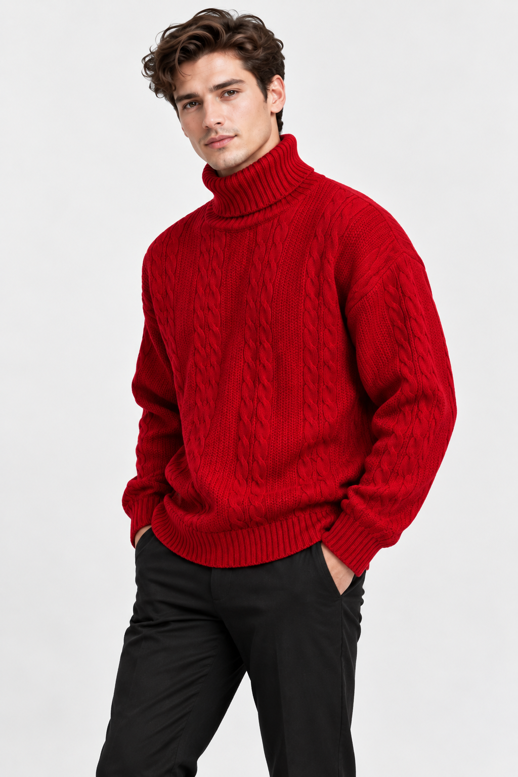 Men Cable Knit Turtleneck Jumper Relaxed Fit